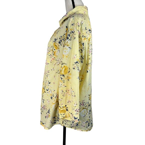 Karen Scott 1X-Large Top Floral Swiss Dots Button-Up 3/4 Sleeves Lightweight - Picture 6 of 9
